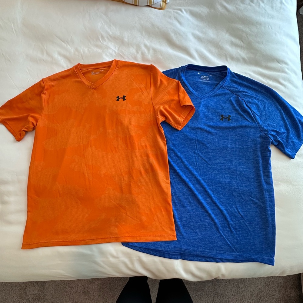 2 LG Under Armour Men's Orange and Blue V-Neck Shirts